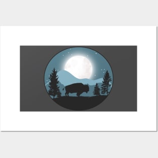 Night falls as the Buffalo roam the prarie in Yellowstone Posters and Art